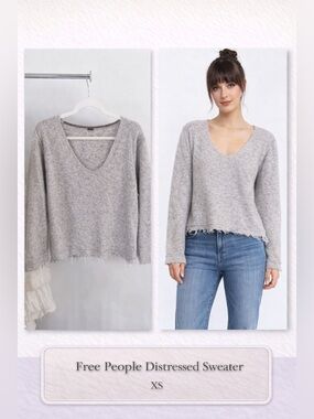 Free People Distressed Sweater XS Gray Frayed Hem V Neck Boho